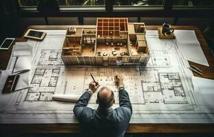 Above, an architect plans and writes using tools, a tablet, or a notebook for a blueprint, strategy, or DIY project. Construction, architecture, or a top view of a book, floor plan. AI Generative photo