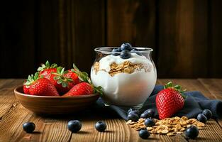 On a rustic wooden table, there are strawberries, blueberries, and breakfast cereal in yogurt. AI Generative photo