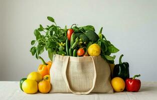 Organic fruits and veggies in an eco-friendly natural bag. The concept of a sustainable living. Items that are free of plastic. Reuse, reduce, and discard. AI Generative photo