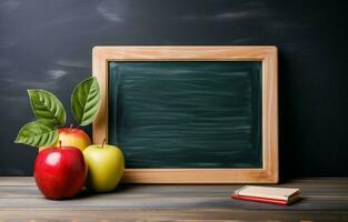 Holiday greeting icon for Teacher's Day. The concept of education knowledge day. A wooden chalk board frame and a flower bouquet sit on a table with an empty copy area. AI Generative photo