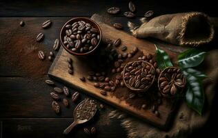 This is an image of fragrant coffee beans on a rustic tabletop background. There is ample copy space available for a banner. AI Generative photo