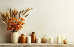 Autumn decorations on a wood shelf with a white wall banner background. Fall-colored candles and vases, as well as a pumpkin sign.AI Generative photo