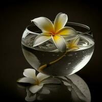 Single frangipani in scented water black background. AI Generative photo