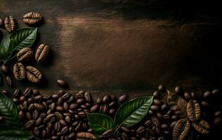 This is an image of fragrant coffee beans on a rustic tabletop background. There is ample copy space available for a banner. AI Generative photo