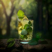 Mojito, a traditional alcoholic beverage, isolated on a forest background drink tab restaurant green plant leaf lemon refreshing. AI Generative photo