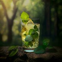 mojito, un tradicional alcohólico bebida, aislado en un bosque antecedentes bebida lengüeta restaurante verde planta hoja limón refrescante. ai generativo foto