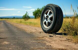 Using summer tires on a rural road. AI Generative photo