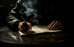 A man's hand is visible in a fog while he is writing in a notebook. The scene is isolated on a black background. AI Generative photo