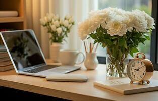Home office desk made of wood with an alarm clock, a flower vase, a laptop, and books. AI Generative photo