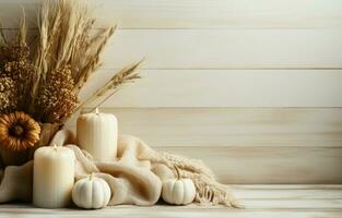 White pumpkins, a sweater, a candle, and natural decor create a cozy fall corner border. Aerial perspective on a rustic white wood banner background. AI Generative photo