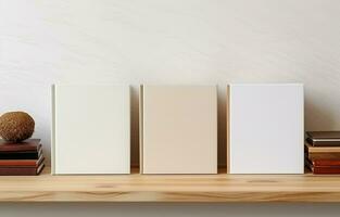 Notebooks on a wooden shelf against a white wall banner background. Make a copy of the space. AI Generative photo