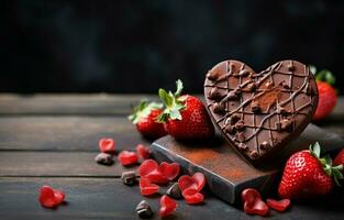 For valentine's day or another holiday, create a web banner using homemade milk chocolate with nuts and dried strawberries. Chocolate on a wooden cutboard on a gray kitchen table. AI Generative photo