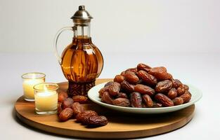 Tabletop image of Ramadan Kareem decoration, dates fruit, Aladdin lamp, and rosary beads on dark stone background. Copy space in a flat lay. AI Generative photo