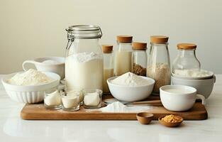 Making different versions of image featuring ingredients and tools for baking in a white-style kitchen. AI Generative photo