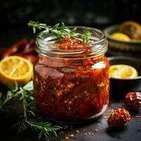 Dom seco tomate conservación en un vaso tarro con tomillo y ajo. ai generativo foto