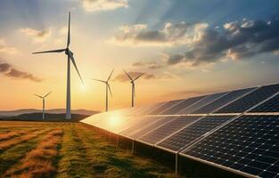 The generation of sustainable green energy using solar energy panel photovoltaic cells and wind turbine farms is a friendly enterprise. Concept of clean, sustainable development. AI Generative photo
