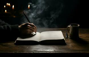 A man's hand is visible in a fog while he is writing in a notebook. The scene is isolated on a black background. AI Generative photo