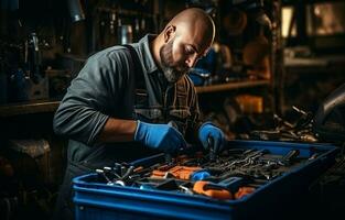 At a contemporary service station, a mechanic opens a blue metal box containing various tools for car repair. AI Generative photo