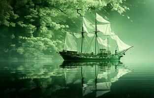 On a green background, there is an abstract artistic image of a ship in the water of a lake. A white, transparent leaf can be seen on the mirror surface of the water, with a reflection. AI Generative photo