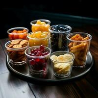 There are various snacks in transparent plastic cups Various snacks on the table. AI Generative photo