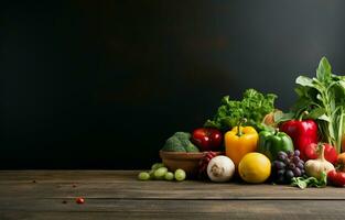 On the left side of the table, with copy space, is a balanced arrangement of vibrantly colored, perfectly ripe fruits and vegetables. AI Generative photo