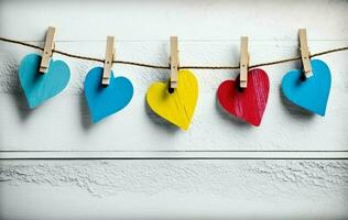 rojo, azul, y amarillo corazones en cuerda con pinzas para la ropa, en un blanco de madera antecedentes. sitio para texto, Copiar espacio. ai generativo foto