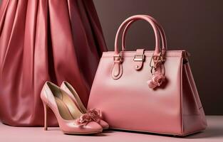 ropa para un moderno dama conjunto con rosado color chaqueta, bolsa, vaqueros, joyas, y zapatos, de cerca. ai generativo foto
