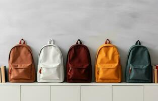 Backpacks and notebooks on a wooden shelf against a white wall banner background. The concept of returning to school. Make a copy of the space. AI Generative photo