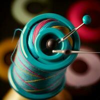 Thread and needle close-up view color yarn, dexterity, handicraft sewing, bobbin, spinning. AI Generative photo