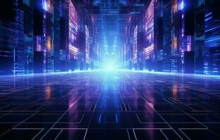 Abstract futuristic technological background with network,huge data, se rver, internet, and speed lines. into a tunnel of modern technology, abstract neon lights. AI Generative photo