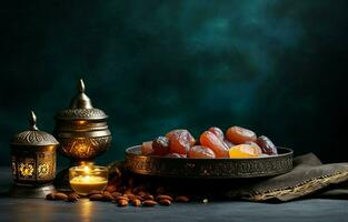 Tabletop image of Ramadan Kareem decoration, dates fruit, Aladdin lamp, and rosary beads on dark stone background. Copy space in a flat lay. AI Generative photo