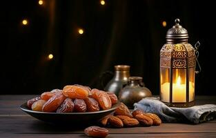 Tabletop image of Ramadan Kareem decoration, dates fruit, Aladdin lamp, and rosary beads on dark stone background. Copy space in a flat lay. AI Generative photo