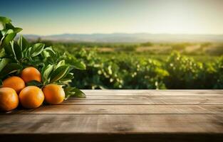 Orange trees on an empty wooden table against an orange field background. Ideal for product displays. AI Generative photo