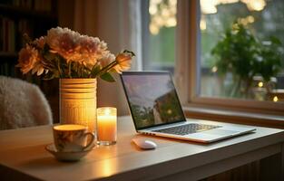 Home office desk made of wood with an alarm clock, a flower vase, a laptop, and books. AI Generative photo