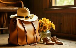 Accessories for a teenage lady on vacation, including a hat, elegant summer sunglasses, a leather bag, shoes, and a costume on a hardwood floor. AI Generative photo