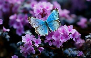 hermosa mariposa con púrpura y azul matices perchas delicadamente en un vibrante anémona bosque flor. ai generativo foto
