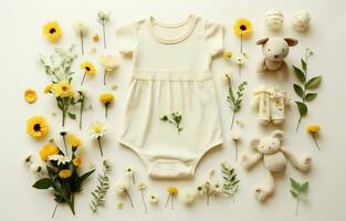 Composition of baby garments in flat lay. Eco-friendly natural fashion. Top shot of toddler style accessories isolated on white background. AI Generative photo