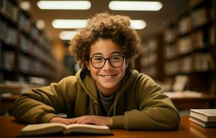 A Hispanic boy wearing glasses stands beside a bookshelf while reading a book for his class assignment and exam preparations in a university library. Low angle portrait. AI Generative photo