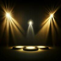 Golden spotlights illuminate a dark stage floor, perfect for a backdrop or mock-up for a star performer at a gala or nightclub. AI Generative photo