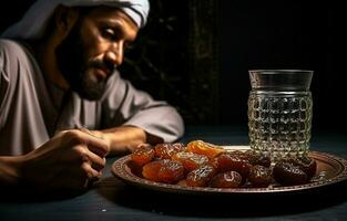 A Middle Eastern man is praying during Ramadan. He eats dates and drinks water. AI Generative photo