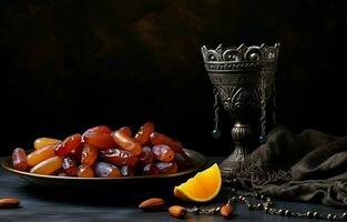 Tabletop image of Ramadan Kareem decoration, dates fruit, Aladdin lamp, and rosary beads on dark stone background. Copy space in a flat lay. AI Generative photo