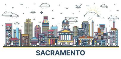 contorno Sacramento California ciudad horizonte con de colores moderno y histórico edificios aislado en blanco. Sacramento Estados Unidos paisaje urbano con puntos de referencia vector