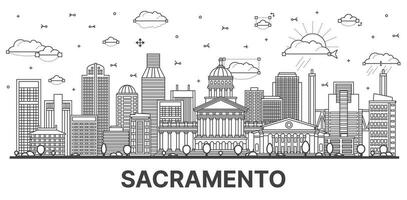 contorno Sacramento California ciudad horizonte con moderno y histórico edificios aislado en blanco. vector ilustración. Sacramento Estados Unidos paisaje urbano con puntos de referencia