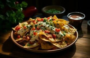 The warm, gooey cheese and tangy tomato sauce are the perfect combination. I love having snacks while I work, and these nachos hit the spot. AI Generative photo