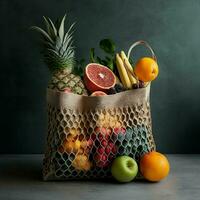 Eco-friendly reusable shopping bag with fresh organic tropical fruit on a gray wall background. Promoting a zero-waste lifestyle with raw healthy food and a vegetarian diet. AI Generative photo