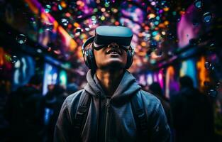 On a gloomy background, a young man is wearing virtual reality glasses. Virtual reality, smartphone use, and notion of future technology. AI Generative photo