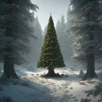 Ai generated content. Enchanted Winter Wonderland Evergreen Forest at Midnight photo