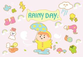 Happy boy on raining day with icon set cartoon style. vector