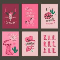 A set of cards or posters in pink colors in the cowgirl style. Vector graphics.