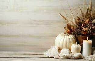 White pumpkins, a sweater, a candle, and natural decor create a cozy fall corner border. Aerial perspective on a rustic white wood banner background. AI Generative photo